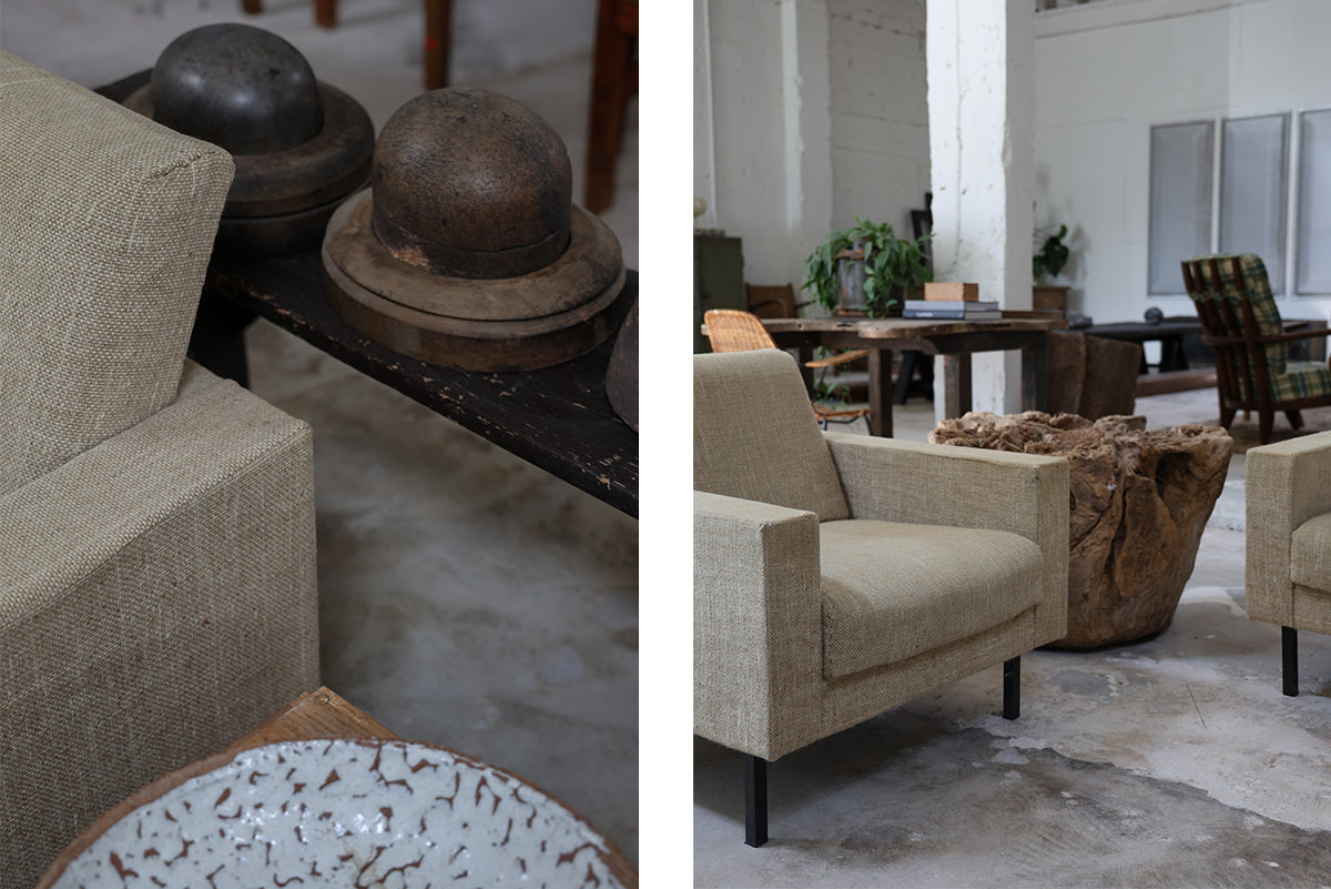 MODERNIST LOUNGE CHAIRS IN WOVEN LINEN