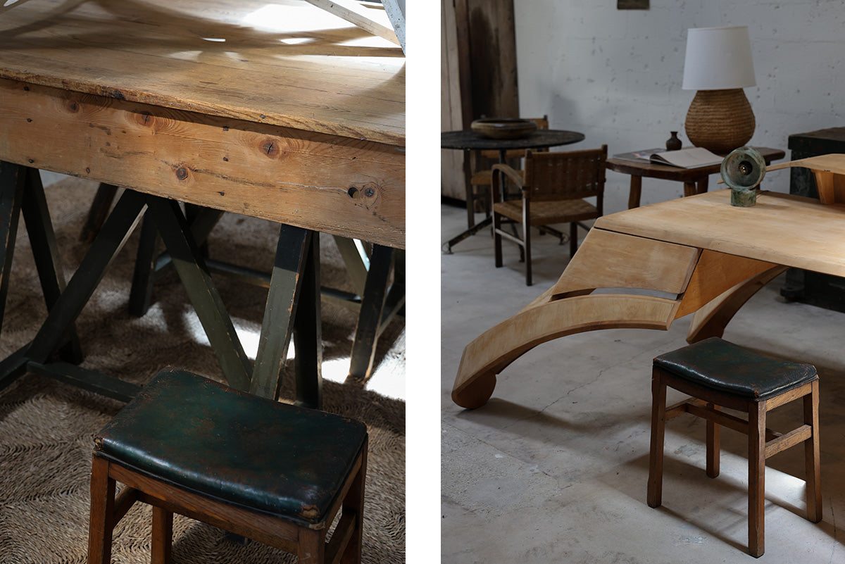 OAK STOOL WITH GREEN LEATHER SEAT