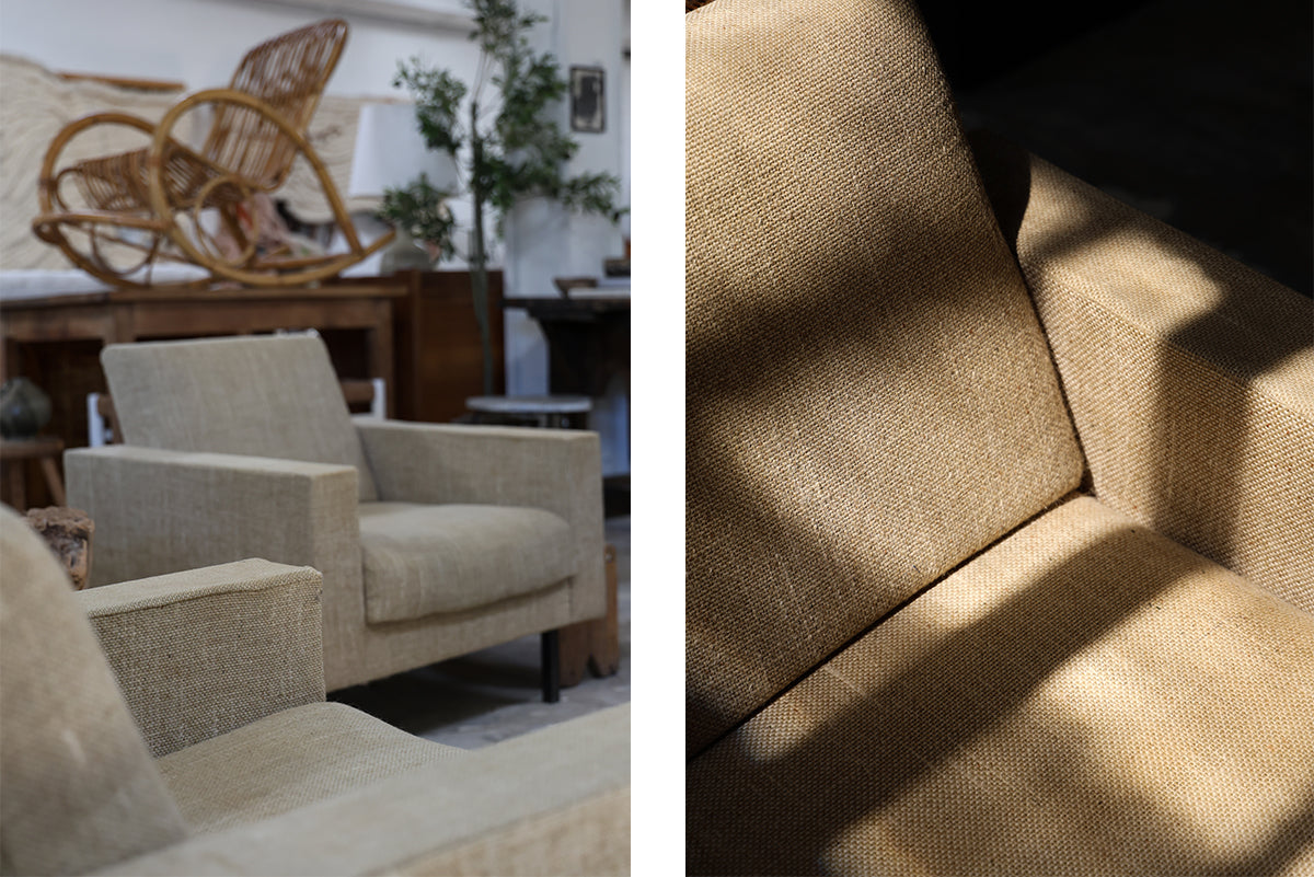 MODERNIST LOUNGE CHAIRS IN WOVEN LINEN