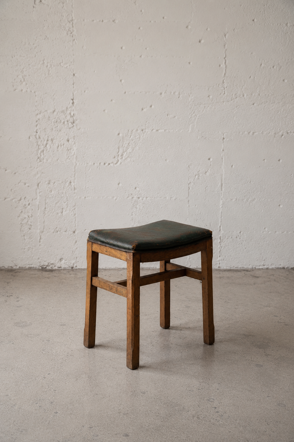 OAK STOOL WITH GREEN LEATHER SEAT