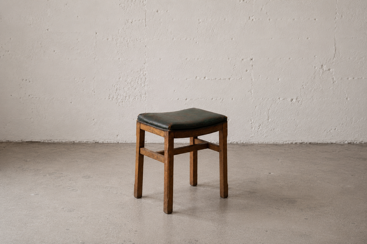 OAK STOOL WITH GREEN LEATHER SEAT